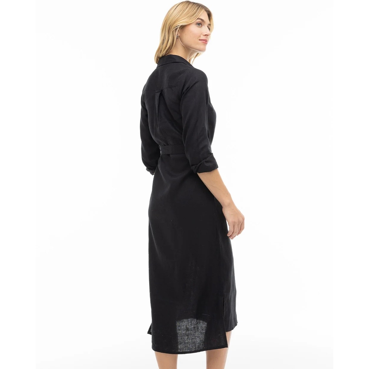 Pura Cashmere Luxe Linen Shirt Dress Black 100% Linen Belted Maxi Medium — image 6 of 8